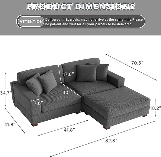 Modular Sectional Couches for Living Room, Modern Loveseat 2-Seater Sofa Couch with Ottoman, Upholstered Couches for Living Room Bedroom, Grey