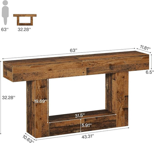 Tribesigns 63" Console Table, Farmhouse 2-Tier Entryway Table with U-Shaped Base, Narrow Long Wood Sofa Table Behind Couch Table for Living Room, Hallway, Foyer, Mix Brown