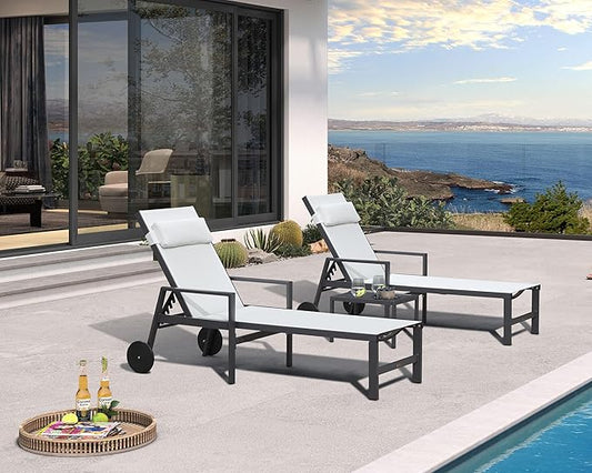 PURPLE LEAF Patio Lounge Chair Set of 3 Outdoor Chaise Lounger Aluminum Frame with Armrest Side Table and Wheels for Pool Outside Sunbathing Tanning Recliner Including Pillows White