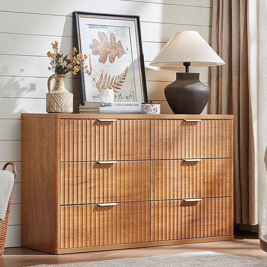 LEYAOYAO Fluted 6 Drawers Dresser Set of 2, 48" Wide Modern Chest of Drawers with Woodgrain Top, Curved Profile Design, Dresser TV Stand, Wood Drawer Organizer for Bedroom, Living Room, Hallway,Brown