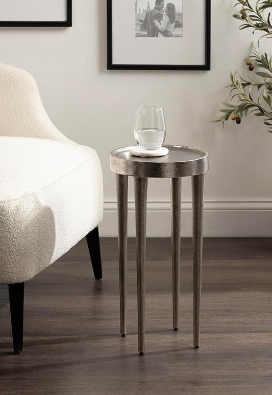 Kate and Laurel Rava Modern Metal Round Drink Table, 10 x 10 x 21, Antique Nickel, Cast Aluminum Accent Table for Use as Indoor Plant Stand or Living Room Decor Piece