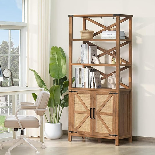 5 Tier Bookshelf 70" Rattan Boho Tall Bookcase with Barn Doors,Large Farmhouse Display Book Shelf with Adjustable Shelves and Storage Cabinet,Wood Bookshelves for Living Room,Kitchen,Natural