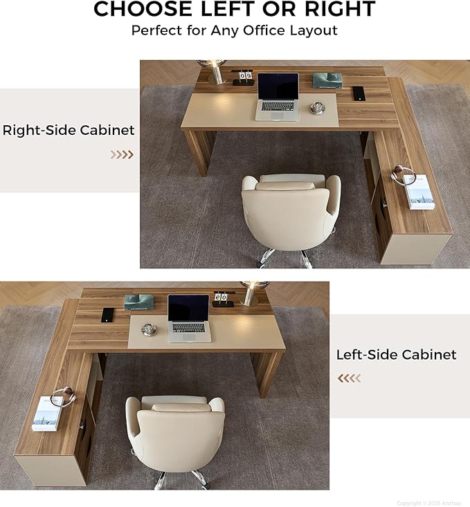 L-Shaped Executive Desk with Lockable Drawers – 79" Modern Large Executive Office Desk with LED, Lateral File Cabinet, Built-In Cable Box, Privacy Panel & Storage Shelves for Home or Business, Left