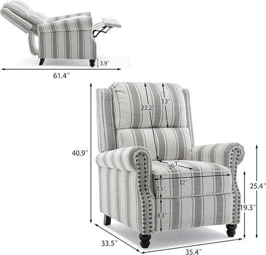 Pushback Recliner Chair, Comfy Fabric Wingback Recliner Chair, Upholstered Armchair Push Back Recliner with Wood Legs, Rivet Trim Single Sofa Accent Chair for Living Room, Bedroom, Gray Stripe