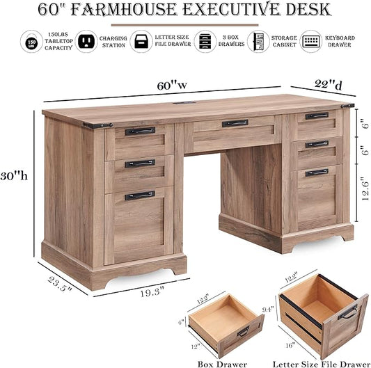 RedLemon 60" Farmhouse Executive Desk, Home Office Desk with Drawers, Charging Station, Keyboard Tray, File Drawer, Storage Cabinet, Wood Rustic Computer Writing Desk (Natural Oak)