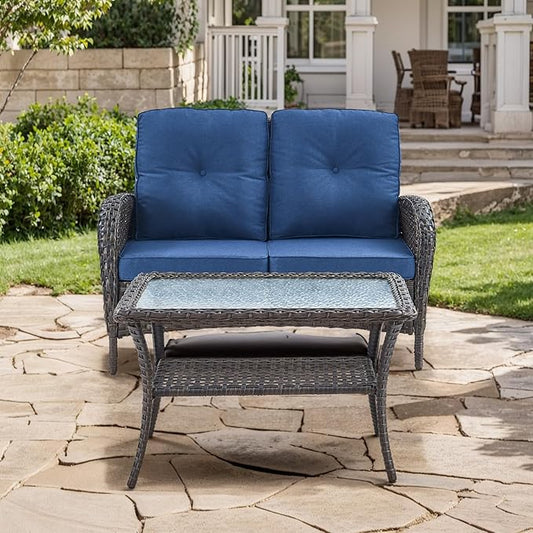 HUMMUH Outdoor Loveseat Sofa 2-Seat PE Wicker Outdoor Couch with Coffee Table,Deep Seat High Back Outdoor Patio Furniture for Patio,Garden,Porch,Deck(Blue)