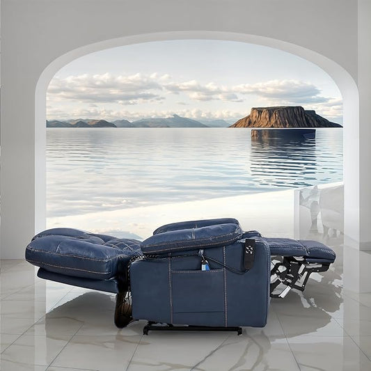 Lift Chair for Elderly: 9988 High Density Foam Lay Flat Heat and Massage, Reclining to 180, 2 Pockets Cup Holders, 2 Remote Controls, Dual OKIN Motors - Breathable Leather Navy Blue