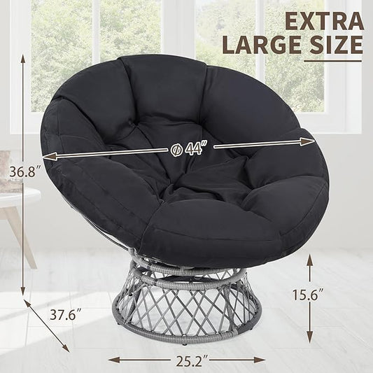 46" Giant Oversized Rattan Papasan Chair with Cushion and Frame for Adults, Fluid 360° Swivel, Waterproof, Grey Frame with Black Cushion