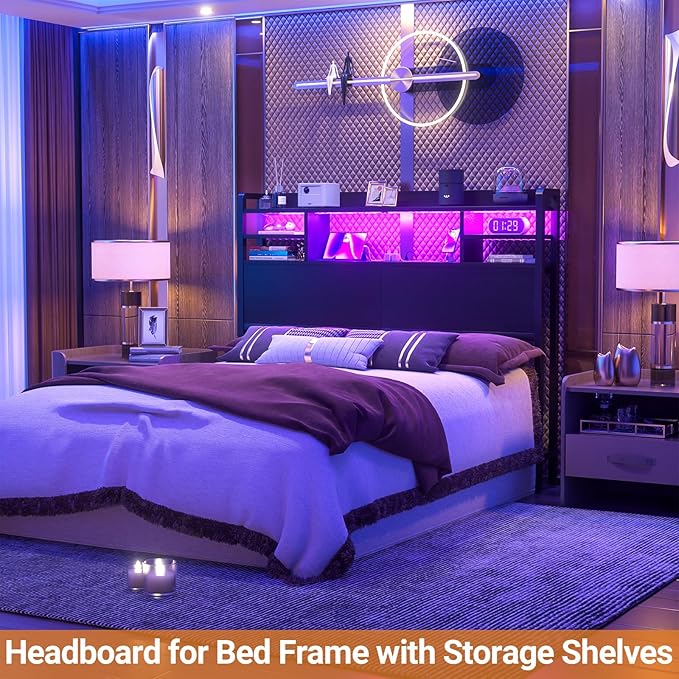 Aheaplus Headboard for Full Size Bed with Storage, Headboards with LED Light, Power Outlets, USB Ports Full Size Head Board, Wood headboard Only Sturdy and Stable Headboards, Modern, Black