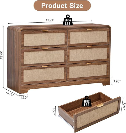 6 Drawer Dresser for Bedroom, 48" Wide Curved Wooden Dresser with Natural Linen & Metal Handle, Mid Century Modern Chest of Drawers Closet Clothes Storage Organizer for Living Room, Walnut