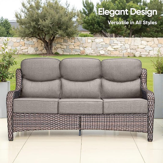 Swivel Patio Chairs sofa Set of 8 with 6" Thick Cushion - Wicker Outdoor Swivel Rocker Patio Chair ,Sofa/Glass coffee table, High Back Comfortable Outdoor Glider Chairs - Brown Wicker | Gery Cushions