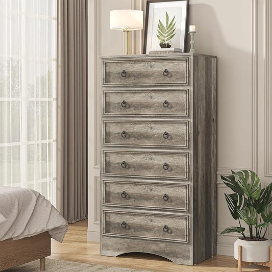 6 Drawer Dresser 52" Tall for Bedroom, Wood 6 Chest Drawers, Storage for Clothes, Narrow Large Drawers, Taupe Vintage, for Living Room, Bedroom, Hallway, Brownish Grey