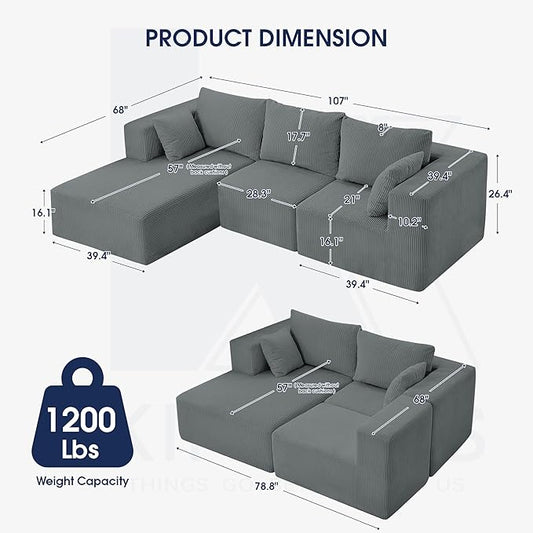 KINGYES 107'' Modular Sectional Sofa, L Shaped Cloud Couch for Living Room, Modern Boneless Sofa with Chaise for Bedroom, Light Gray