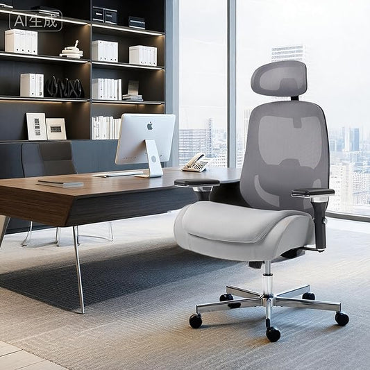 450 LBS Big and Tall Office Chair, Heavy Duty Executive Chair w/4D Arms, Ergonomic Computer Home Desk Chair, Swivel Mesh Chair w/2D Lumbar Support, Adjustable Headrest, Tilt Lock-Grey