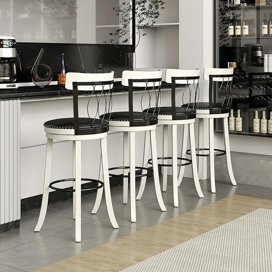 COSTWAY Bar Stools Set of 4, 30‘’ Seat Height Swivel Barstools with Ergonomic Backrest, Soft Cushion & Footrest, Rubber Wood Bar Height Bar Chairs Upholstered Dining Chairs for Kitchen Island