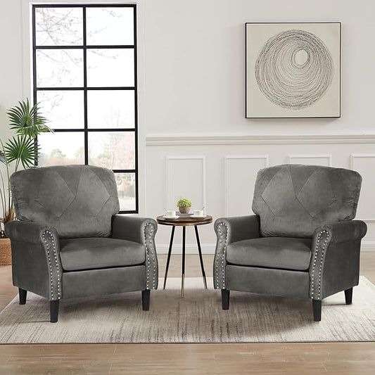 Accent Chair for Living Room, Mid-Century Modern Upholstered Armchair, Comfy Velvet Chair w/Wood Legs & Nailhead Trim, Wingback Chair for Bedroom, Grey