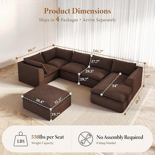 Vesgantti 141.7" Oversized Boneless Sectional Couch, 7 Seater Modular Sofa with Chaise & Ottoman & Armrest, Deep Seat Corduroy Cloud Couches for Living Room, No Assembly Required, Dark Brown
