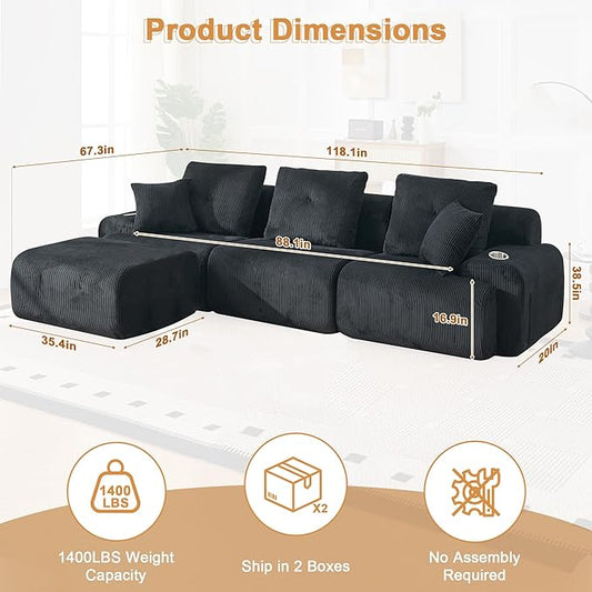 118" Modular Sectional Sofa, Cloud Sectional Couch with Deep Seat, Modern Modular Sofa with L Shaped Comfy Cloud Upholstered Boneless Couches for Living Room Bedroom, Black