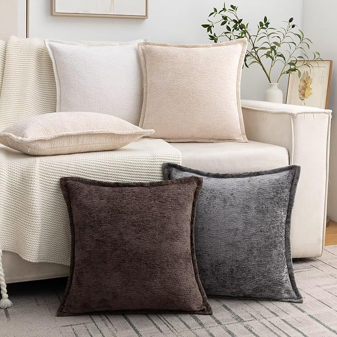 Brown Decorative Throw Pillow Covers 16x16 Inch Set of 2 Cozy Soild Chenille Cushion Cases Soft Textured Square Couch Pillows Cover Boho Accent Farmhouse Pillowcases for Sofa Bed