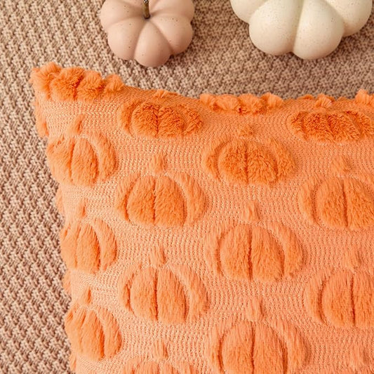 Kevin Textile Fall Pumpkins Pillow Covers 18x18 Inch Set of 2 Cute Autumn Decorative Square Pillowcases Soft Faux Fur Cushions Harvest Gift for Couch Sofa Chair Bedroom Home Decor, Orange