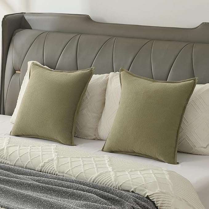 FUTEI Olive Green Chenille Throw Pillow Covers 20x20 Inch Set of 2,Edges Double-Stitched Cushion Cases,Modern Home Decor for Couch Living Room