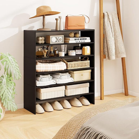 COSTWAY 6-Tier Shoe Rack, Extra Wide Shoe Shelf Organizer with Stackable Design, 31" Freestanding Adjustable Storage Shoe Stand for Small Space Entryway Hallway Closet (1,Black)