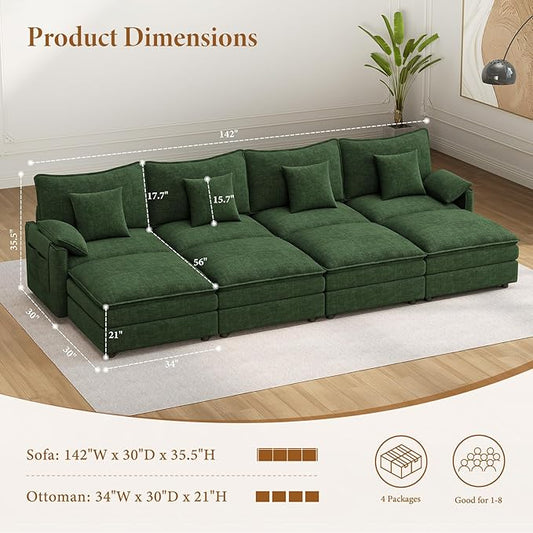 Vesgantti 142" Oversized Sectional Sofa Bed, 8-Seater Modular Sleeper Cloud Couch with Movable Ottoman, Chenille Convertible Sofa Set Deep Seat Couches for Living Room, Bedroom and Apartment, Green
