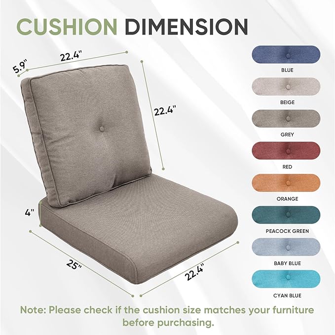 Outdoor Chair Cushion Set of 3, Waterproof Outdoor Seat Cushions 25x22, Patio Chair Cushions for Outdoor Furniture, Couch Cushion Replacement, Include 3 Back & 3 Seat Cushions, Button/Grey