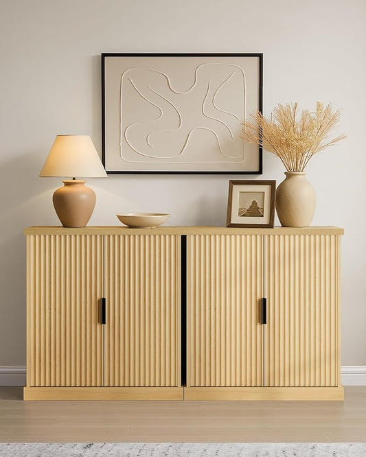 VASAGLE MAXE Collection - Buffet Cabinet Set of 2, Fluted Console Cabinet, Sideboard with Adjustable Shelf, Mid Century Modern Buffet Table, 15.8 x 29.9 x 31.5 Inches, Oak Beige UZH2505001