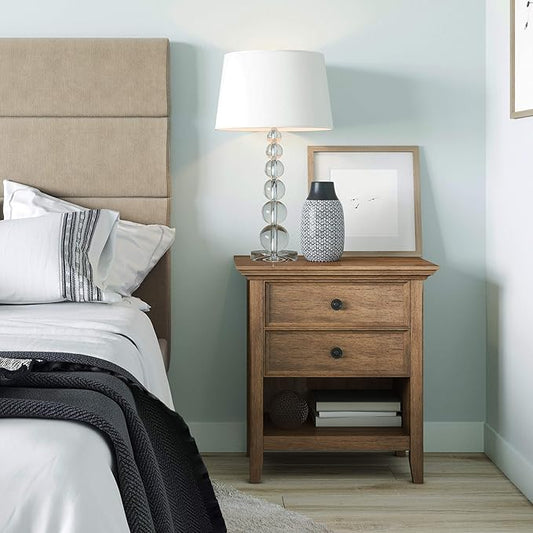 SIMPLIHOME Amherst Bedside Table - 24 inch Wide Solid Wood Nightstand Table in Rustic Natural Aged Brown, Transitional Bedroom Side or End Table with 2 Drawers, Open Storage Shelf and Bronze Hardware