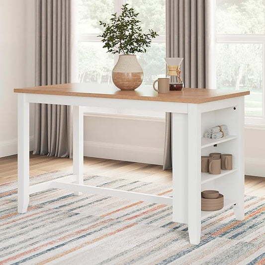 Signature Design by Ashley Gesthaven Farmhouse Counter Height Dining Table with 3 Shelves and Trestle Base, Light Brown & White