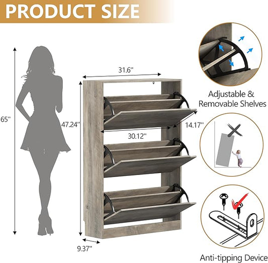 Shoe Storage Cabinet with 3 Flip Drawers, Slim Hidden Wood Shoe Cabinet Storage for Entryway, Freestanding Narrow Shoe Rack Organizer with Adjustable Shelves for Foyer, Hallway, Grey