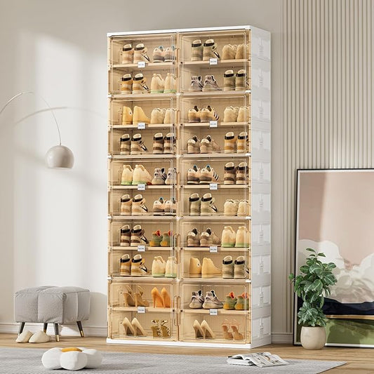 JEKO&JEKO 10 Tiers Foldable Shoe Rack Organizer Cabinet for Closet Entryway, Large Collapsible Shoe Storage Box with Magnetic Doors Fits Up to 40 Pairs (White)