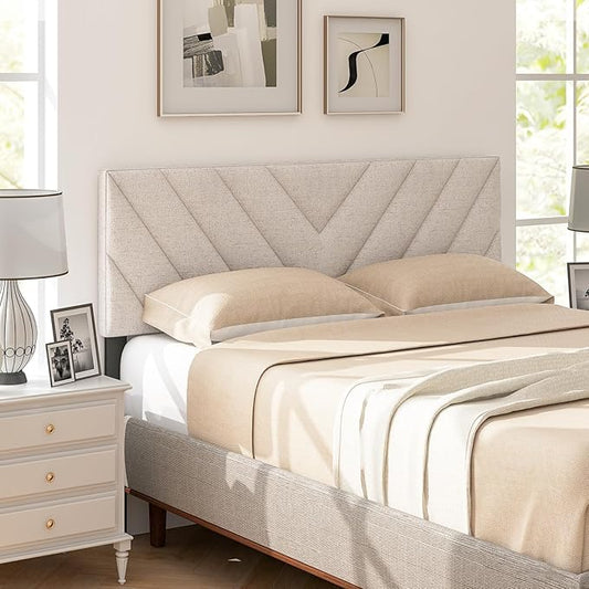 KOMFOTT Linen Fabric Upholstered Headboard for Full/Queen Size Bed, Rectangular Headboard with Solid Wood Legs & Adjustable Width, Padded Full/Queen Bed Headboard, Easy Assembly, Beige