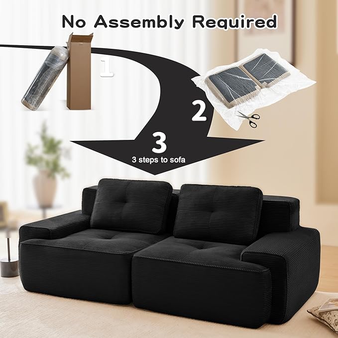 80.3” Black Boneless Couches for Living Room, Modular Sectional Sofa, 2 Seater Comfy Upholstered Loveseat Deep Seat Corduroy Fabric Cloud Couch No Assembly, Anti-Slip Design