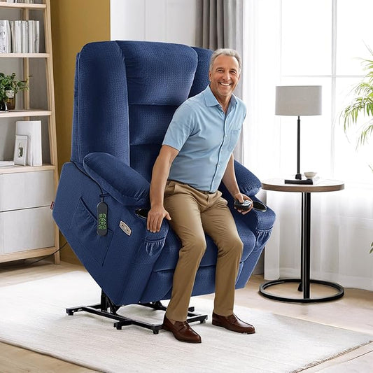 MCombo Large Power Lift Recliner Chair Sofa with Massage and Heat for Big and Tall Elderly People, 3 Positions, Cup Holders, and USB Ports, Fabric 7549 (Large, Navy Blue)