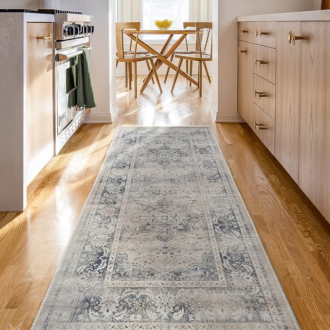RUGGABLE Washable Vintage Area Rug – Sarrah Blue Quartz 8x10, Stain-Resistant, Non-Slip – Large Machine Washable Rugs for Living Room, Bedroom, Hallway, Entryway & Office–with Cushioned Pad