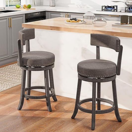 COSTWAY Bar Stools Set of 2, Upholstered Farmhouse Bar stools w/Cushioned Seat & Backrest, Solid Wood Legs, Footrest, 26” Counter Height Swivel Stools for Kitchen Island, Pub (2, 26'' Seat Height)