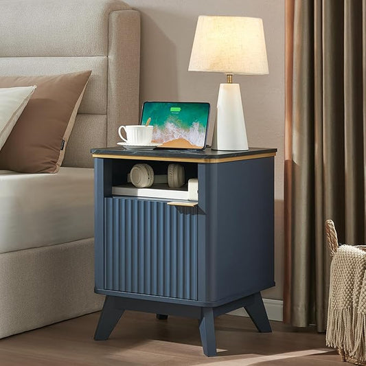 QUW Fluted Nightstands Set of 2 with Charging Station, 18" Modern Side Table, Wooden Bedside Table with Faux Marble Top, Open Storage, Cabinet, End Table for Bedroom, Living Room, Navy Blue