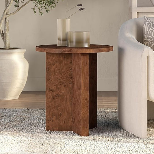 Henn&Hart 20" Scandinavian Round Wooden End Table, Side Table, Nightstand with X-Base for Living Room, Office, Family Room, or Bedroom, Walnut Burl