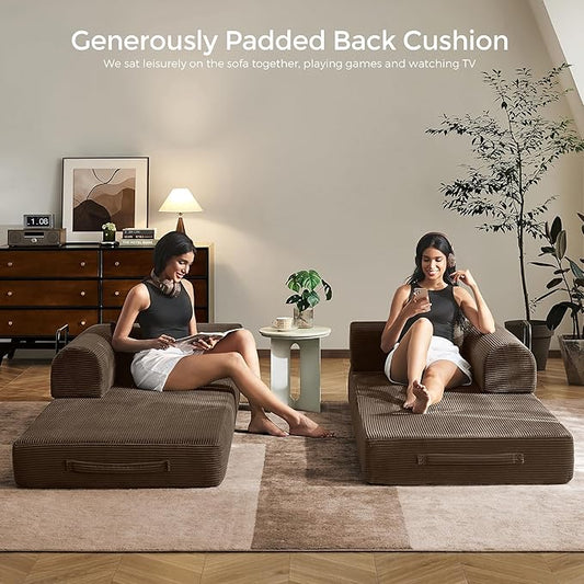 79" Convertible Sofa Bed with Fixed-Shape Frame & Removable Armrests, Modular Corduroy Sleeper Sofa, Folding Mattress Couch for Small Spaces - No Assembly Needed in Brown (Includes 2 Pillows)