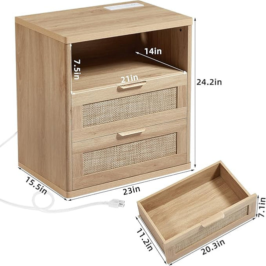 LEYAOYAO Rattan Night Stand with Charger Station, 23" Wide Boho Nightstand with 2 Drawers, Natural Wood Bedside Table Open Storage Cabinet, Bed Side End Tables Dresser for Bedroom, Living Room Hallway