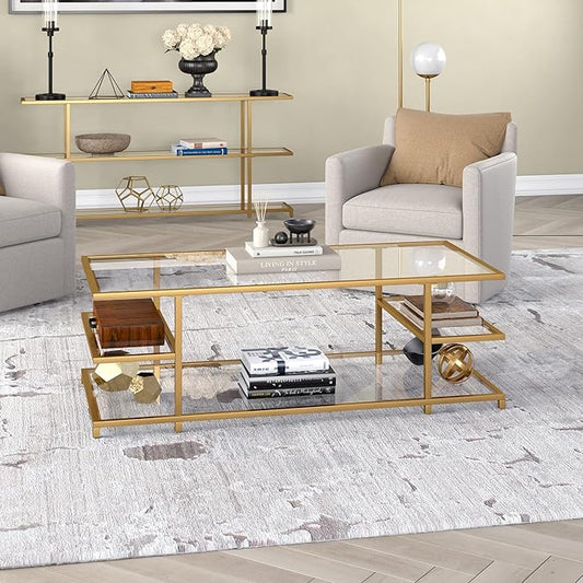 Henn&Hart 54" Wide Rectangular Coffee Table in Brass, for Home, Living Room, Bedroom, Entertainment Room, Office