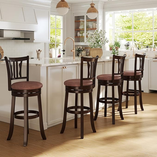 COSTWAY 30" Bar Height Stools Set of 4, Swivel High-Top Chairs with Backrest & Faux Leather Padded Seat, Rubber Wood Counter Barstools with Footrest for Kitchen Islands, Dining Room, Pub (4,30'')