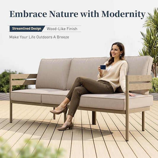 Metal Frame Patio Furniture Set, 5 Pieces Modern Outdoor Patio Furniture Set, Wood-Like Patio Seating with Coffee Table and 5" Cushion, Patio Conversation Set for Backyard Deck