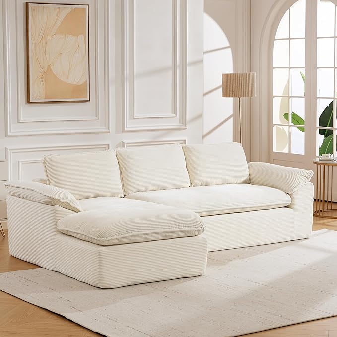 Modular Sectional Sofa, 107.5" L-Shaped Boneless Couch with Deep Seat, Modern Minimalist Upholstered Cloud Sectional Couch for Living Room Bedroom, No Assembly Required, Beige Corduroy