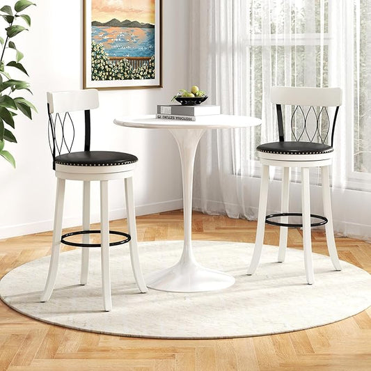 COSTWAY Bar Stools Set of 2, 30” Seat Height Swivel Barstools with Ergonomic Backrest, Soft Cushion & Footrest, Rubber Wood Bar Height Bar Chairs Upholstered Dining Chairs for Kitchen Island