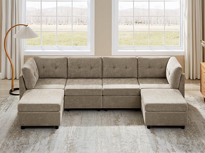 VANOMi 4 Seater Modular Cloud Sofa with 2 Ottomans, 118" Sectional Sofas & Couches for Living Room, Comfy Chenille Cloud Sectional Couch Sofas for Living Room, Apartment, Office, Camel, U Shaped