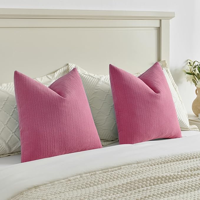 FUTEI Hot Pink Decorative Throw Pillow Covers 18x18 Inch Set of 2,Soft Cozy Wheat Ear Striped Patterns Cushion Cases,Modern Home Decor for Couch Bed Living Room