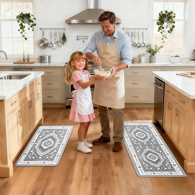 ArtyCozy 2 Piece Boho Kitchen Rug Set, Non-Slip Super Absorbent Kitchen Mats for Floor with Rubber Backing, Stain Resistant Runner for Hallway Laundry Holiday Decor, Grey, 20" × 32'' Plus 20'' × 47''